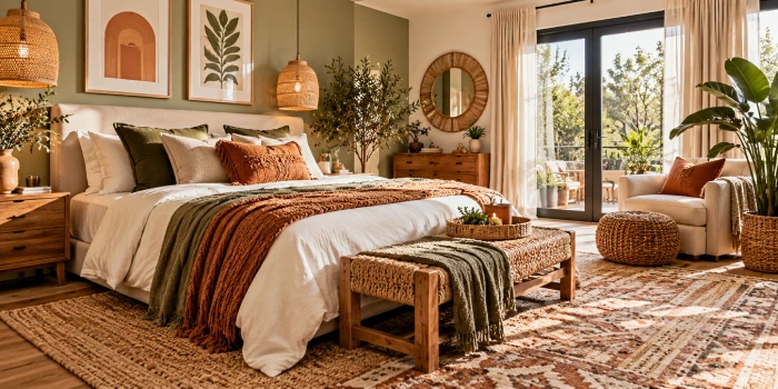 Stunning modern boho bedroom aesthetic with warm neutral tones, layered textures, natural wood furniture, cozy bedding, and stylish earthy color schemes.
