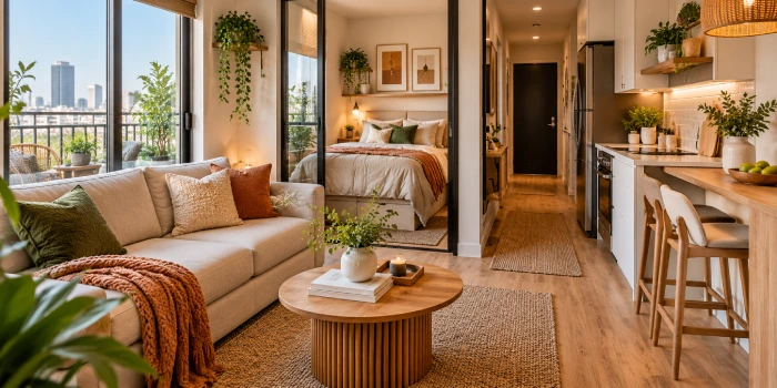 Modern cozy apartment decor ideas for tiny spaces featuring stylish furniture, warm neutral tones, and space-saving decor