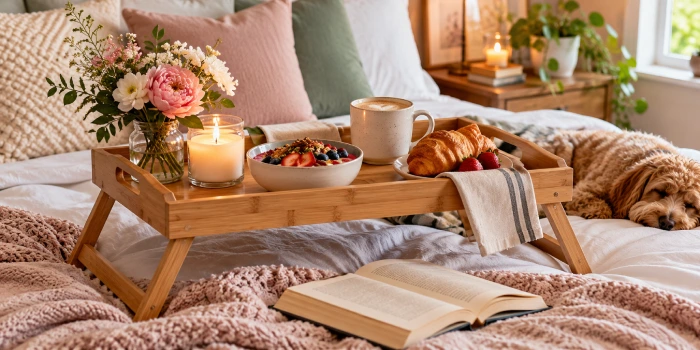 Ultimate cozy bed tray ideas for lazy weekends featuring a stylish breakfast tray with coffee, books, candles, and soft bedding