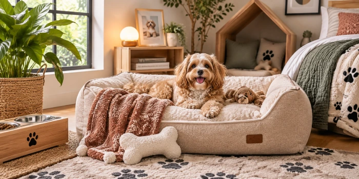 Best cozy dog bedroom ideas for indoor pets featuring a comfortable dog bed, soft blankets, neutral decor, and stylish pet-friendly furnishings