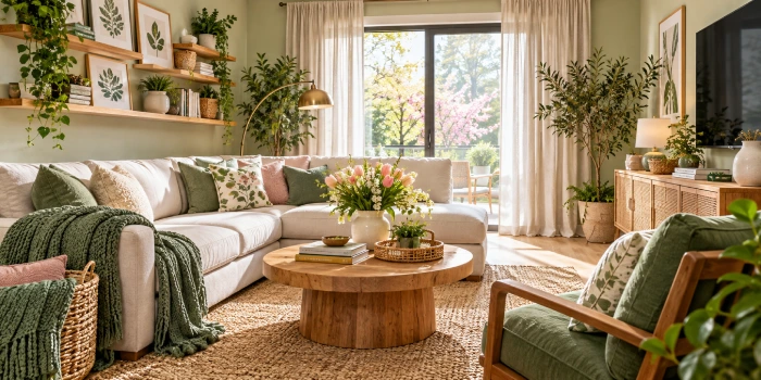 Budget-friendly DIY living room with cozy spring decor, affordable furniture, natural textures, and fresh greenery