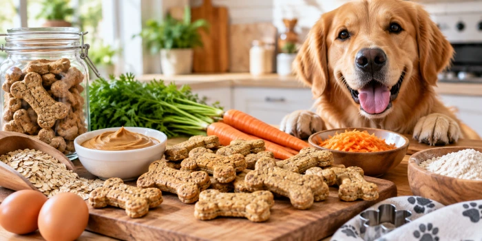 Easy homemade dog treat recipes freshly baked into healthy, homemade treats for dogs, arranged on a kitchen baking tray.