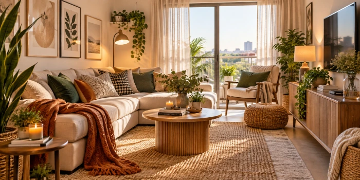 Cozy rented living room with warm lighting, soft textiles, neutral decor, comfortable seating, and renter-friendly decorating ideas