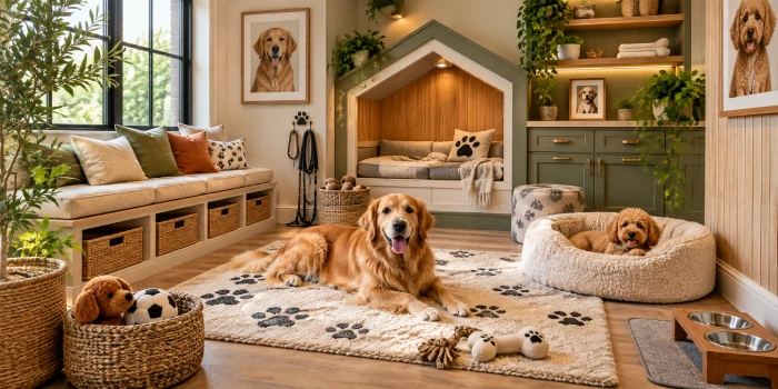 Luxury dog room with stylish pet bed, built-in storage, cozy decor, and modern design for a comfortable pet space