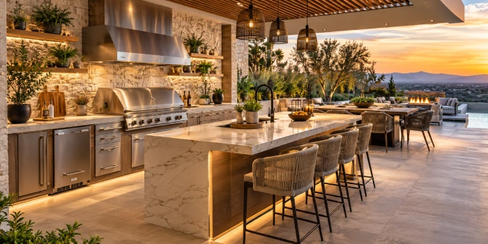 Luxury outdoor kitchen designs for modern homes featuring a stylish built-in grill, stone countertops, sleek cabinetry, and elegant outdoor dining space.