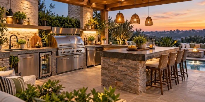 Outdoor kitchen ideas that look expensive with stylish cabinetry, stone countertops, modern appliances, and elegant outdoor dining space