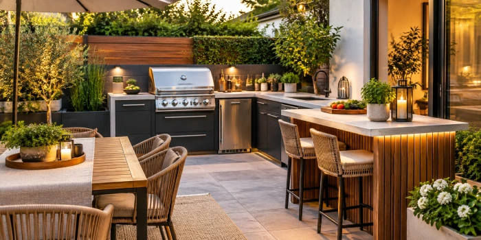 Stunning small outdoor kitchen ideas for tiny backyards featuring a compact grill, countertop, storage, and stylish modern decor