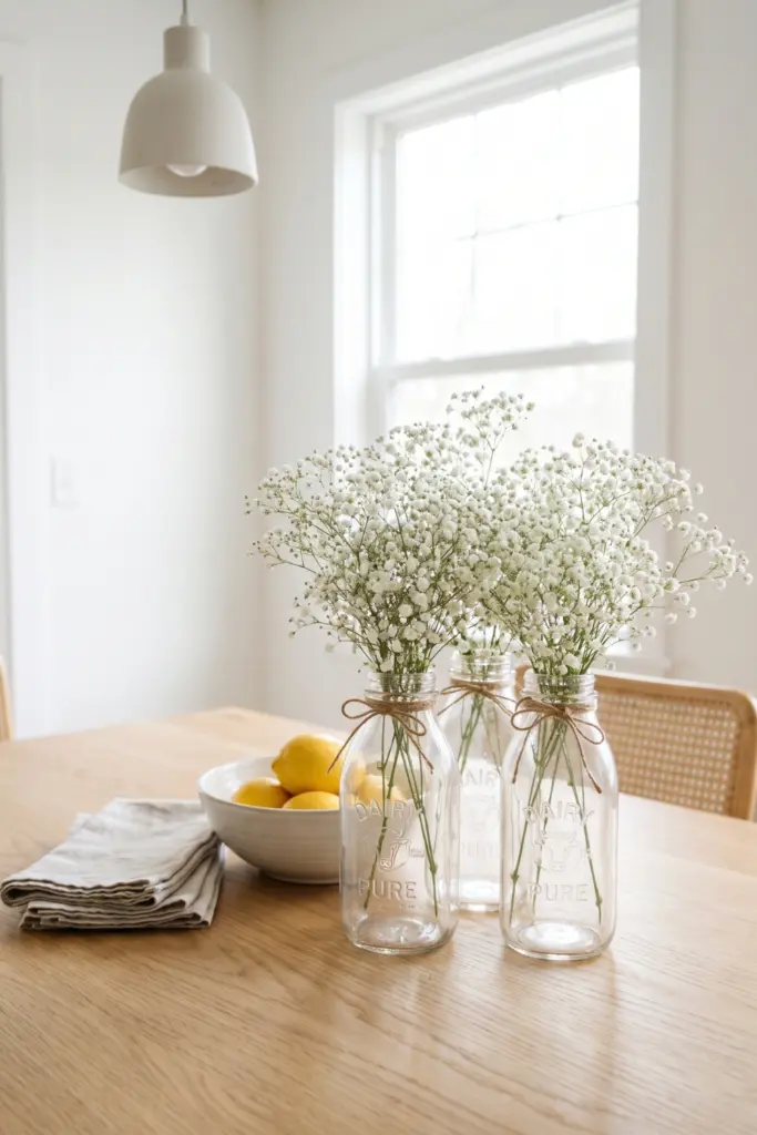Delicate -Baby's-Breath -in -Glass- Milk -Bottles