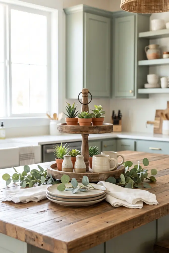 Faux -Succulents- on -Wooden -Tiered -Trays