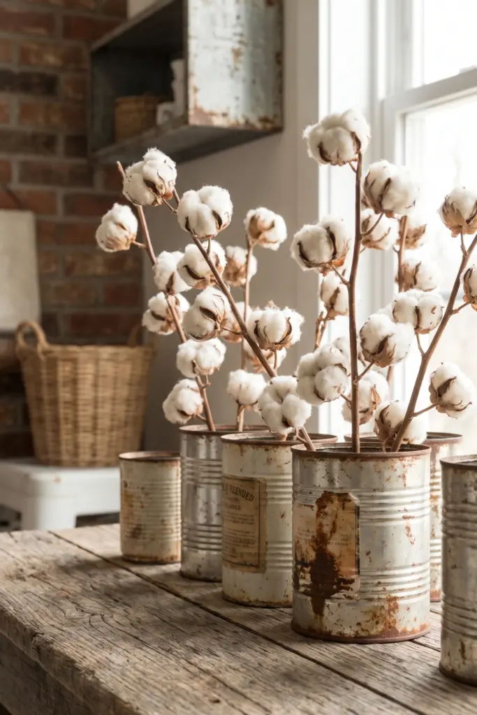Fluffy- Cotton -Stems- in- Rusted -Tin -Cans