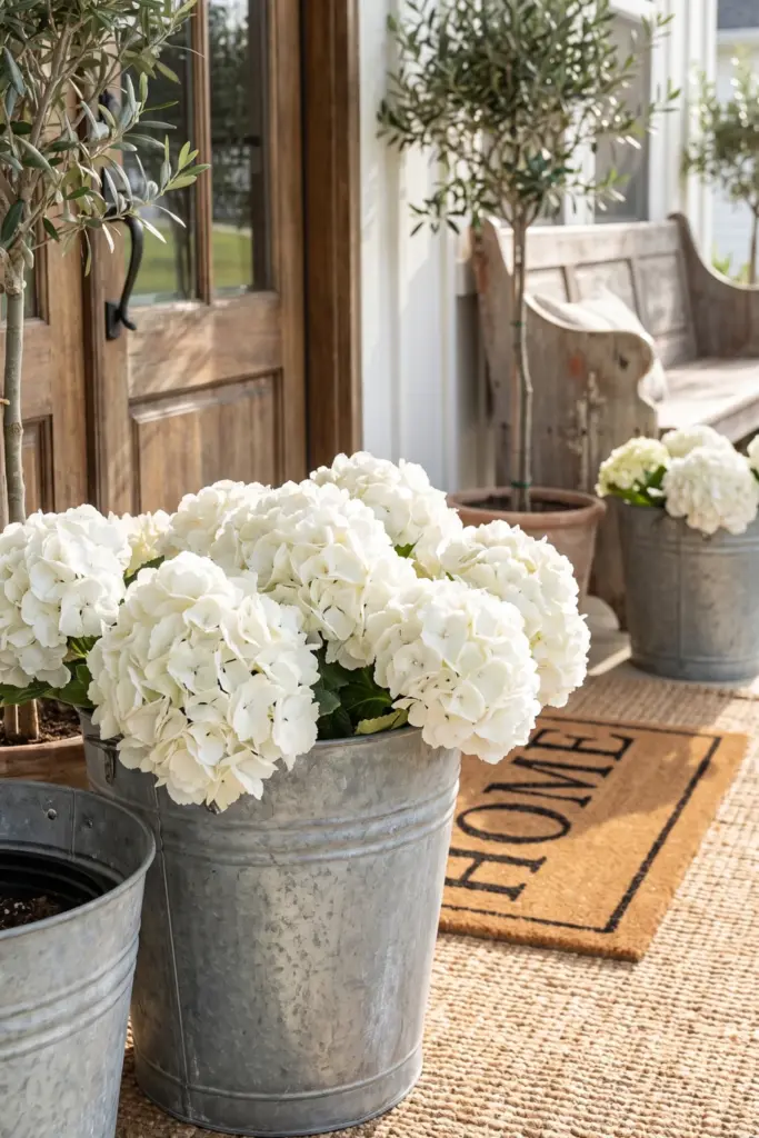 Fluffy -Hydrangeas- in -Galvanized- Buckets
