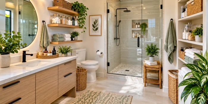 Bathroom organization ideas that actually work with stylish storage baskets, shelves, cabinets, and neatly organized toiletries