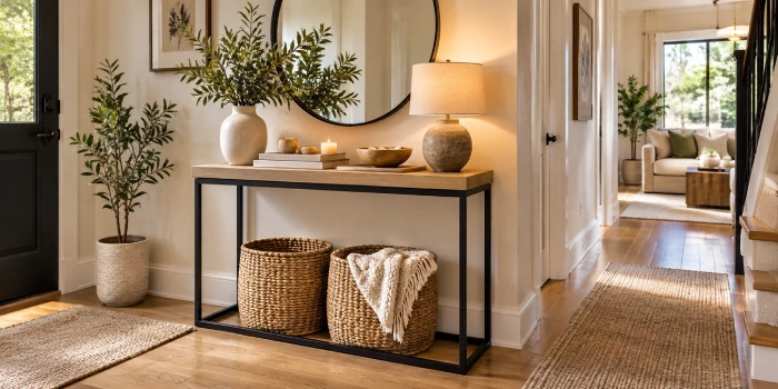 Best console tables for small spaces featuring a slim modern design, stylish decor, and practical storage in a compact entryway.