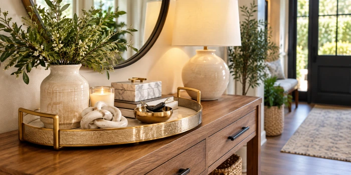 Best decorative trays for entryway tables, styled with elegant home decor, candles, vase, and small accessories for a tidy and welcoming foyer.