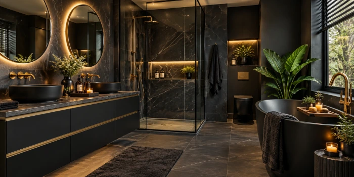 Black bathroom with modern luxury design, featuring sleek black fixtures, elegant finishes, warm lighting, and sophisticated contemporary decor.