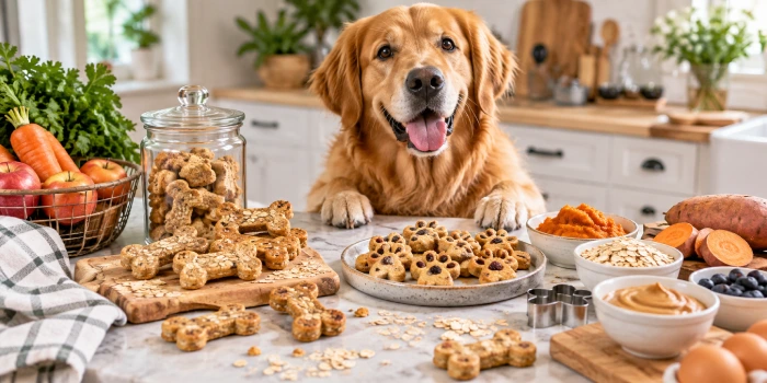 Easy homemade dog treat recipes featuring 13 simple homemade treats for dogs, made with wholesome ingredients and easy preparation methods.