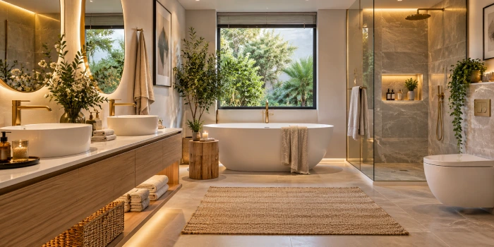 Modern bathroom ideas that feel expensive, featuring elegant luxury finishes, stylish fixtures, warm lighting, and sophisticated decor
