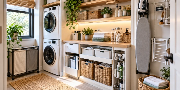 Best space-saving laundry room essentials for tiny homes, featuring compact storage, stacked washer and dryer, wall-mounted drying rack, and organized laundry supplies.