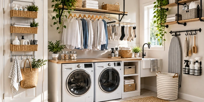 Genius laundry room hanging ideas with wall-mounted drying racks, hanging rods, and smart storage solutions to maximize space