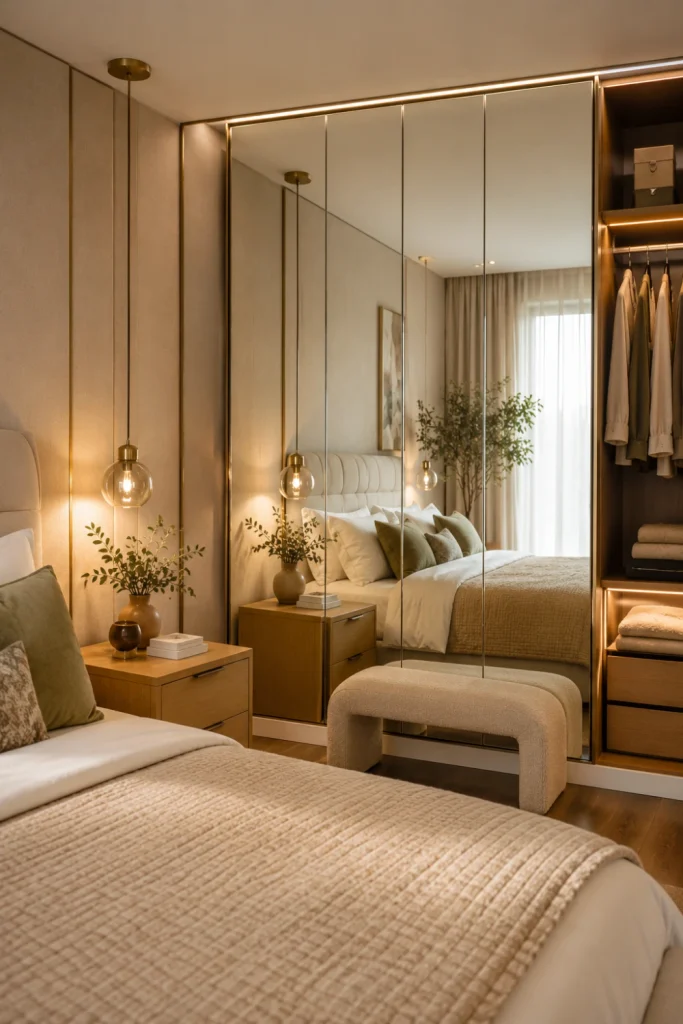 Modern bedroom with a full wall mirror creating an elegant dressing area beside the wardrobe and reflecting warm natural light.