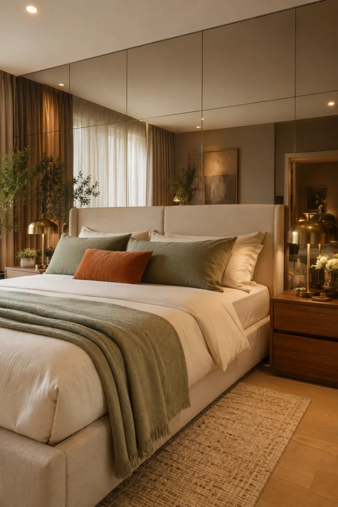 Elegant bedroom featuring a full wall mirror behind the bed as a dramatic reflective focal point with warm layered lighting.