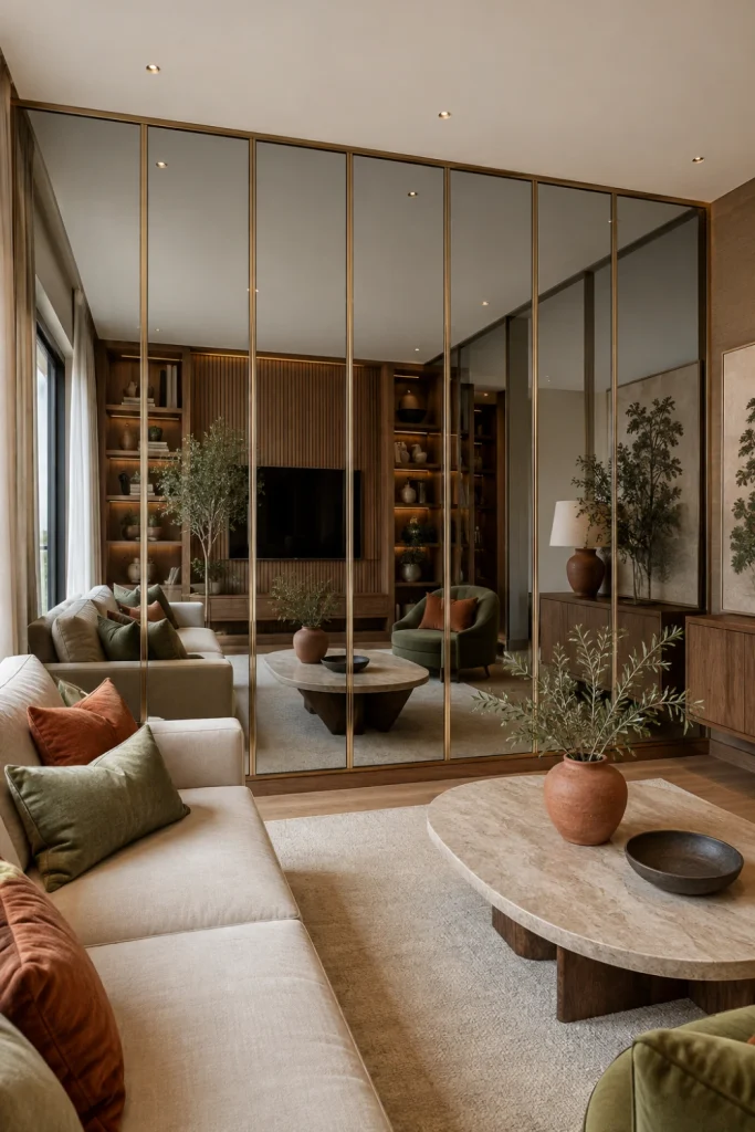 Elegant full wall mirror divided into symmetrical vertical panels for a sophisticated contemporary living room feature wall.
