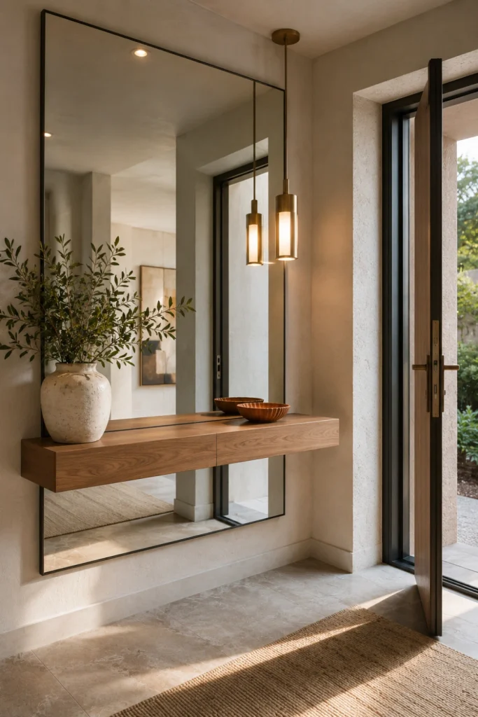 Stylish entryway with a dramatic full wall mirror above a slim console, creating a brighter and more welcoming entrance.