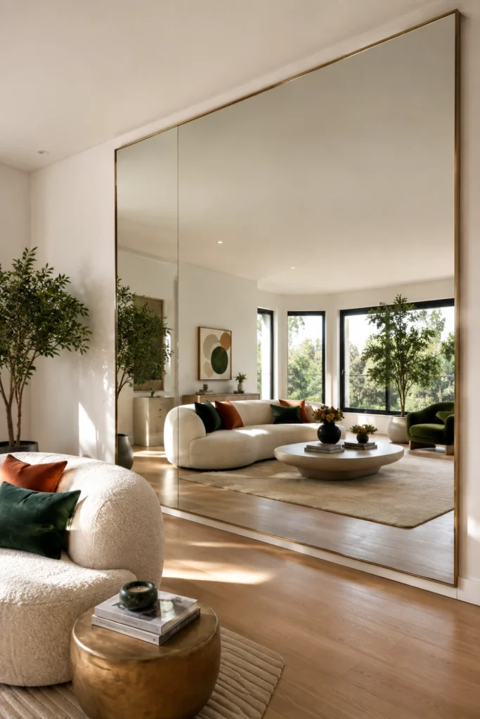 Full wall mirror design extending from floor to ceiling in a modern stylish living room, creating a brighter and more spacious appearance.