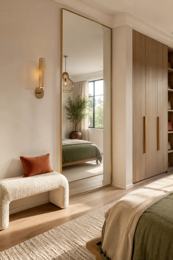 Full-height bedroom mirror installed at a practical height for comfortable full-body viewing while complementing the room's proportions.