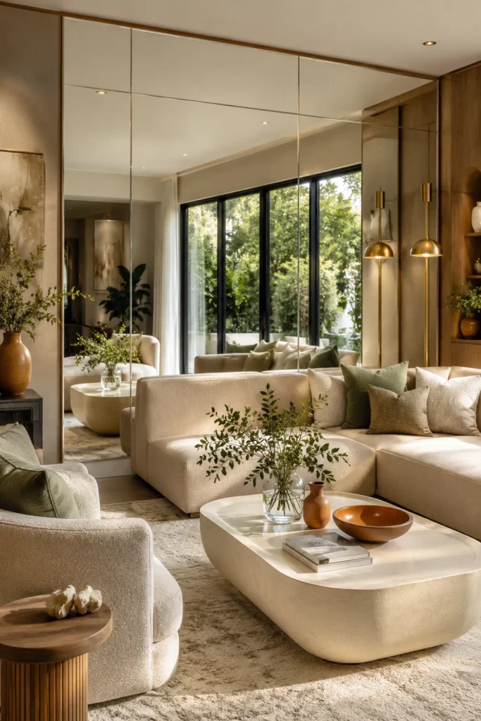 Stylish living room featuring a full wall mirror positioned to reflect natural light and make the space appear wider and brighter.