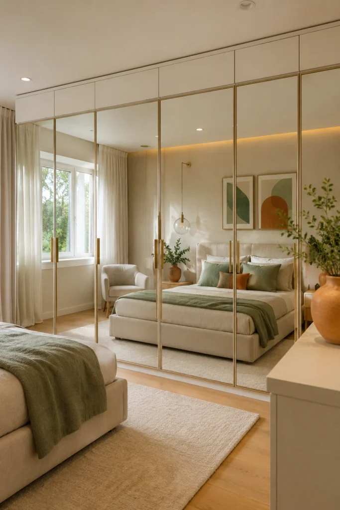Modern bedroom wardrobe featuring full-length mirrored doors that combine practical storage with a spacious stylish appearance.