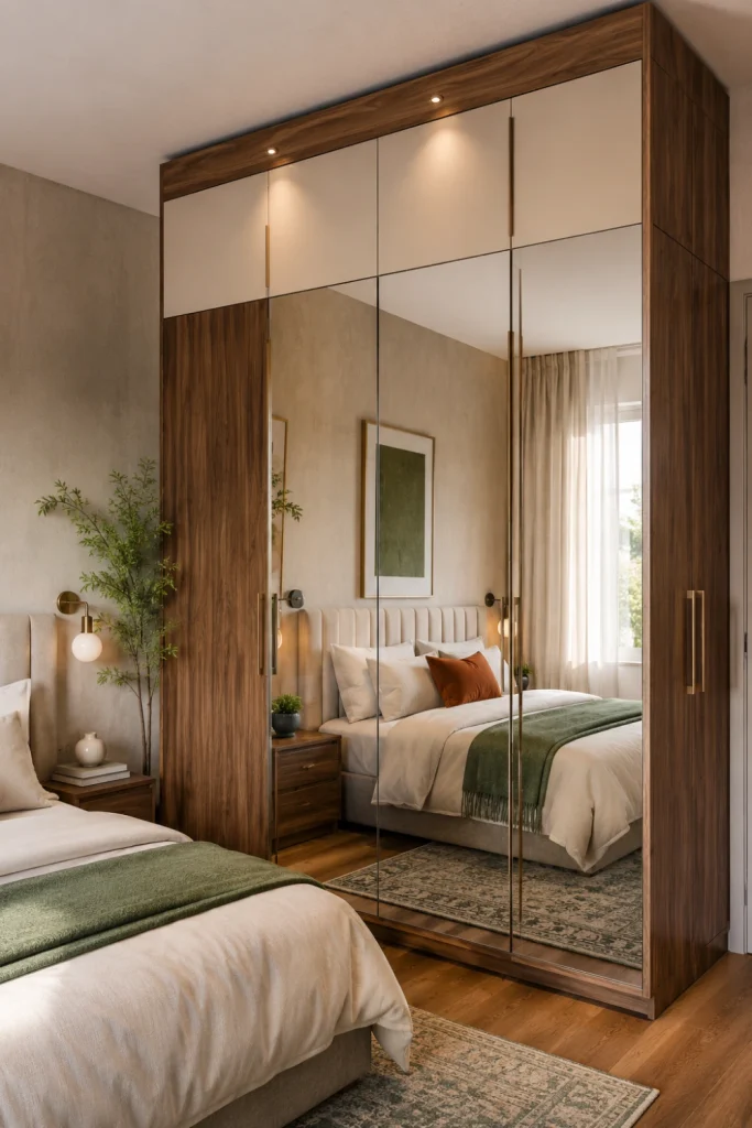 Stylish modern bedroom with a full-length mirrored almirah that combines practical storage with an elegant decorative finish.
