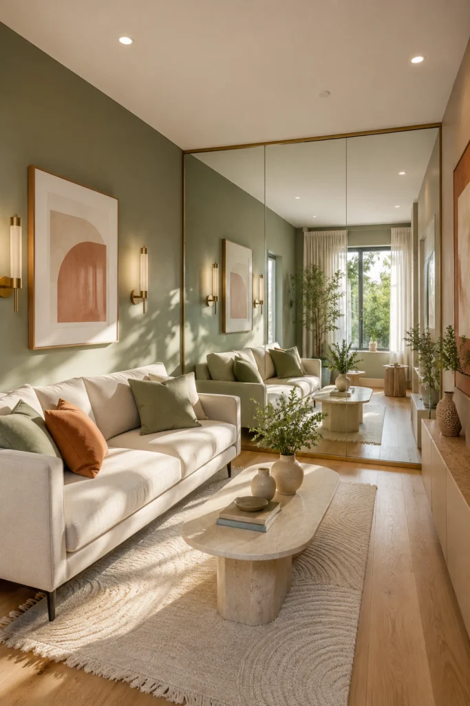 Full wall mirror installed along a narrow modern room to create the visual illusion of greater width and spaciousness.
