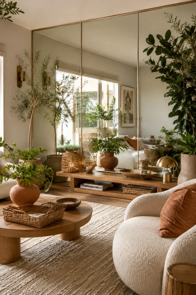 Full wall mirror styled with natural wood, greenery, woven textures, and warm textiles for an inviting contemporary interior.