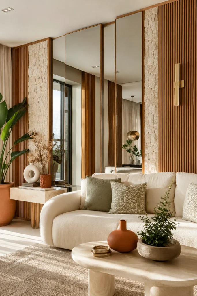 Contemporary feature wall combining full-height mirror panels with warm wood slats and textured surfaces for a layered interior design.