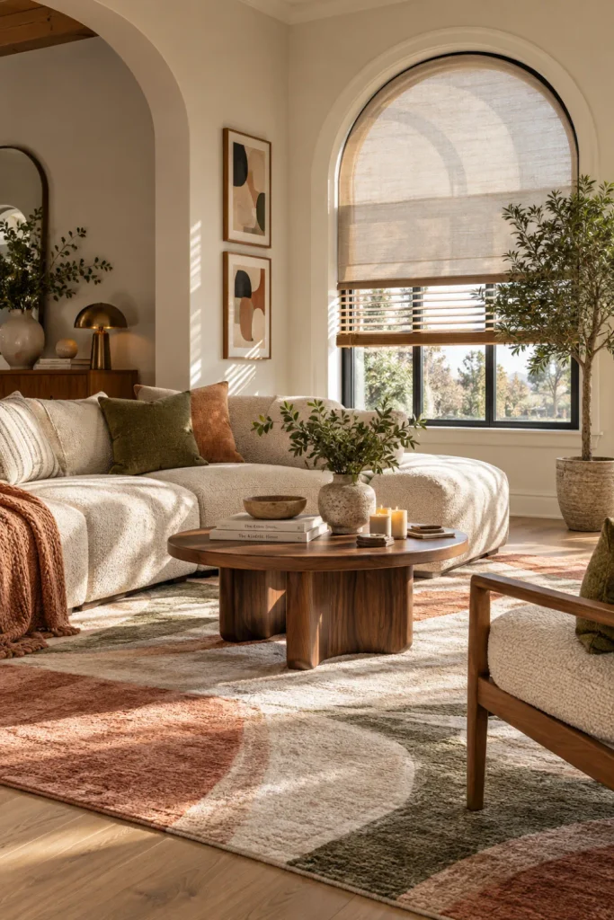 Elegant modern living room with arched window, custom neutral blinds, cream sofa, wood furniture, and textured rug.
