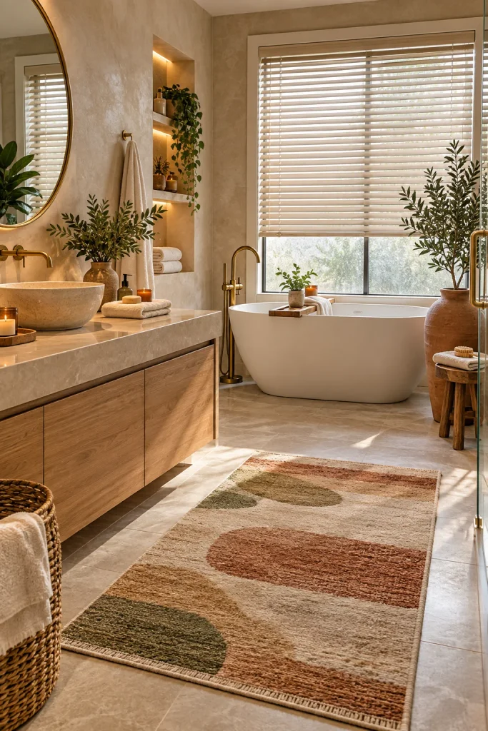 Elegant modern bathroom with moisture-resistant white blinds, warm wood vanity, greenery, and colorful textured details.
