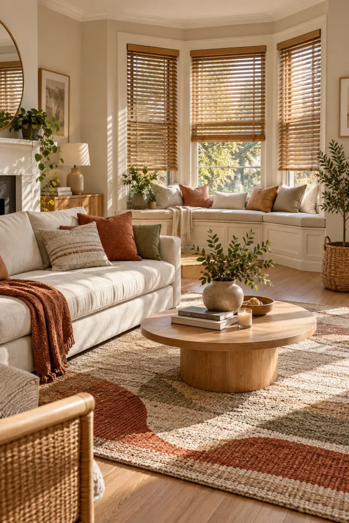 Modern bay window living room with coordinated blinds, built-in seating, natural wood furniture, and colorful rug.