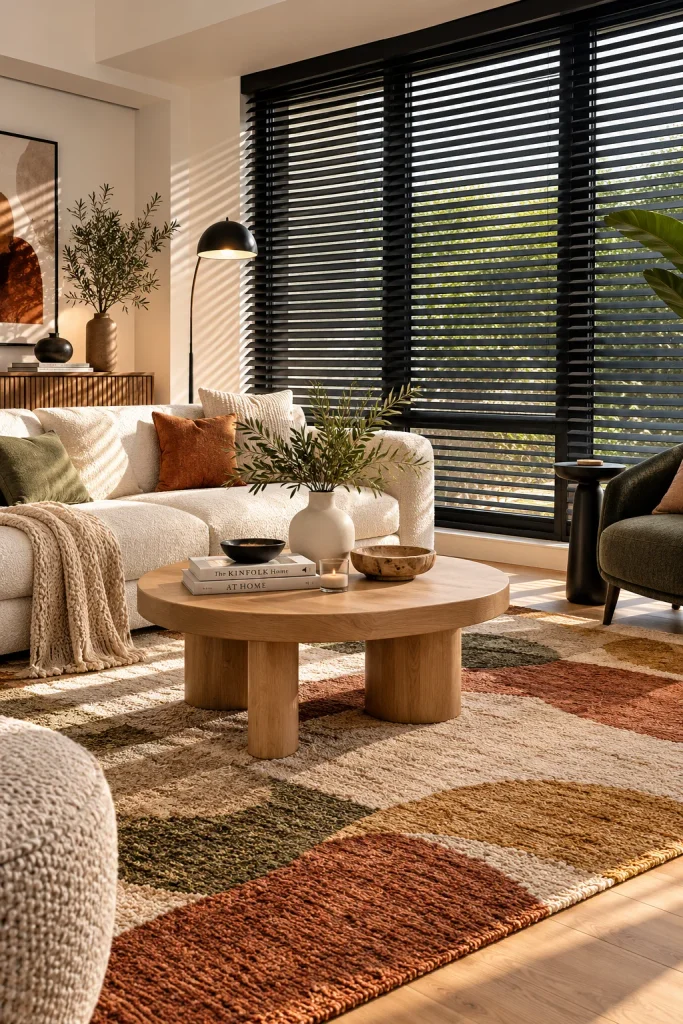 Contemporary living room with dramatic black blinds, white walls, light furniture, wood accents, and colorful rug.