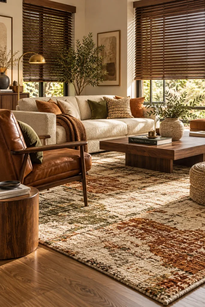 Luxurious modern living room with rich brown blinds, cream furnishings, walnut furniture, and warm colorful rug.