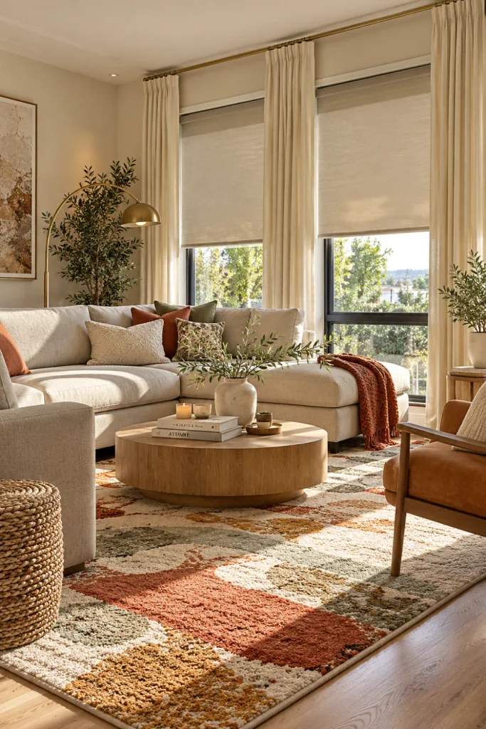 Modern living room with layered blinds and linen curtains, cream sofa, wood furniture, greenery, and colorful rug.