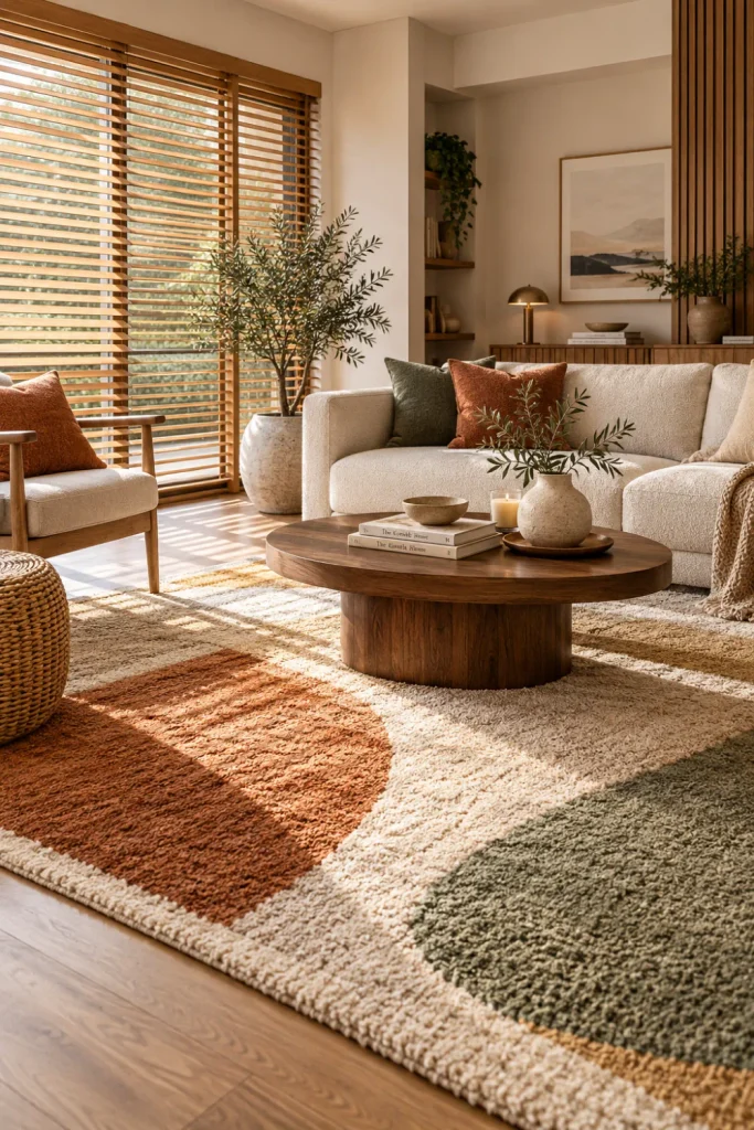 Warm Japandi living room with natural wood blinds, cream sofa, minimalist décor, greenery, and earthy area rug.