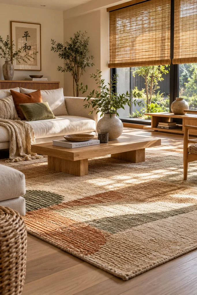 Japanese-inspired modern living room with minimalist natural blinds, low furniture, wood accents, and earthy rug.