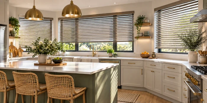 Modern kitchen blinds over a bright kitchen window, creating a stylish and practical look