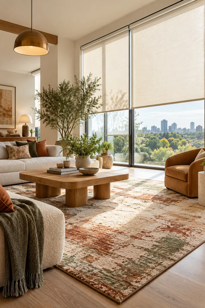 Bright modern living room with oversized windows, light-filtering shades, neutral furniture, greenery, and textured rug.