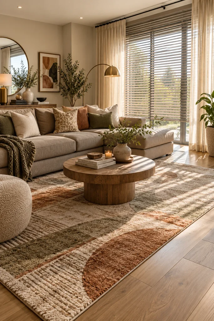 Modern living room with sleek neutral blinds, soft curtains, contemporary furniture, and layered warm textures.