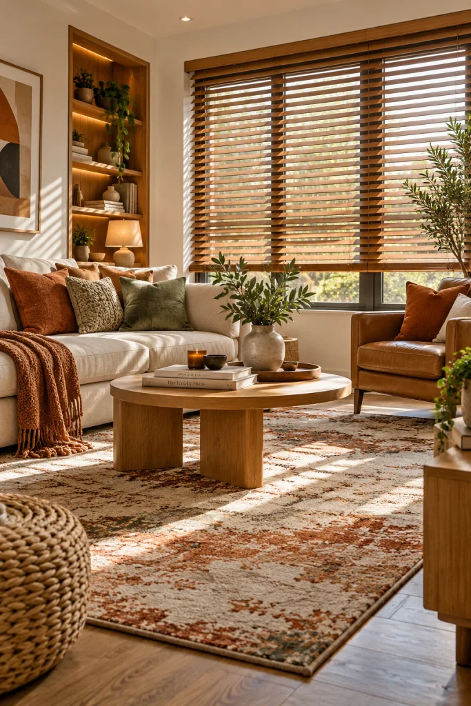 Modern living room with warm wooden window blinds, natural oak furniture, neutral textiles, greenery, and a colorful area rug.