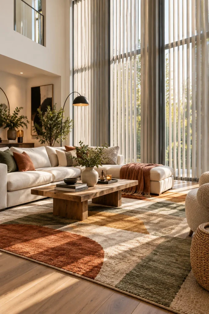 Contemporary living room with elegant vertical blinds, tall windows, neutral furniture, wood accents, and colorful rug.