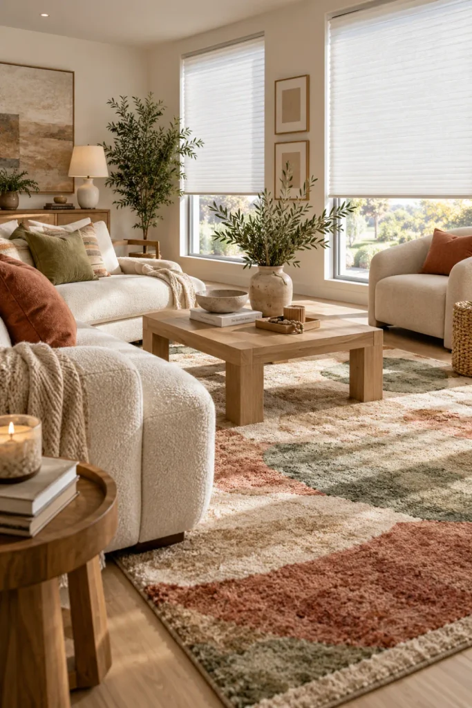 Bright modern living room with white window shades, cream furniture, natural textures, greenery, and colorful area rug.