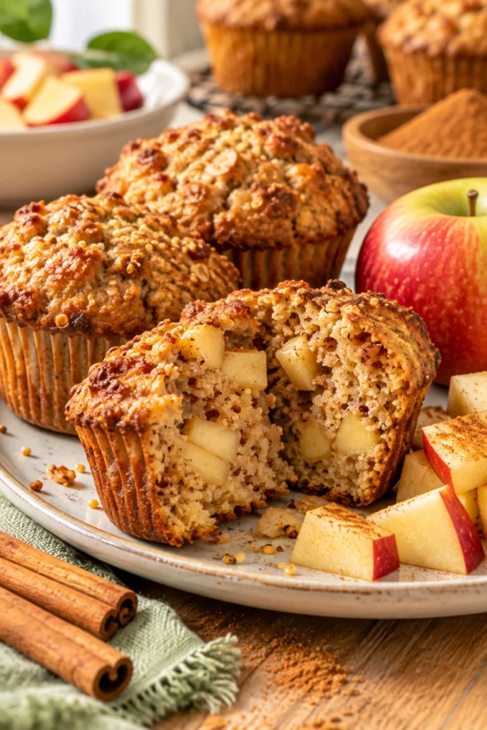 Apple Cinnamon Quinoa Power Muffins filled with fresh apple pieces and finished with warm cinnamon.